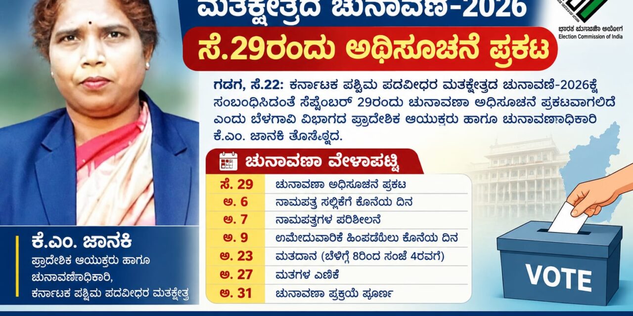 ಕರ್ನಾಟಕ ಪಶ್ಚಿಮ ಪದವೀಧರ ಕ್ಷೇತ್ರ ಚುನಾವಣೆ: ಸೆ.29ರಂದು ಅಧಿಸೂಚನೆ